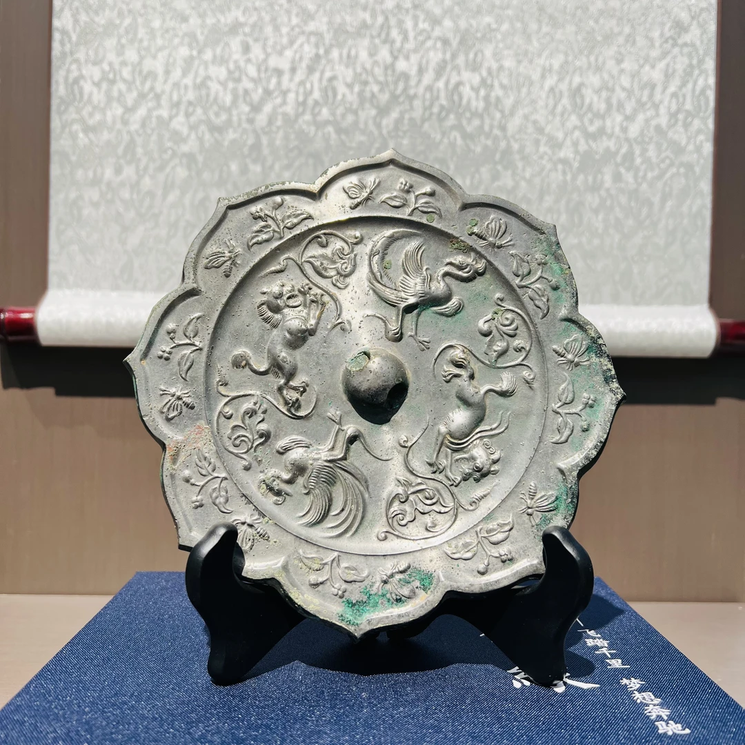 双鸾双马镜 宽19cm 葵花铜镜仿古青铜工艺家居摆件博古
