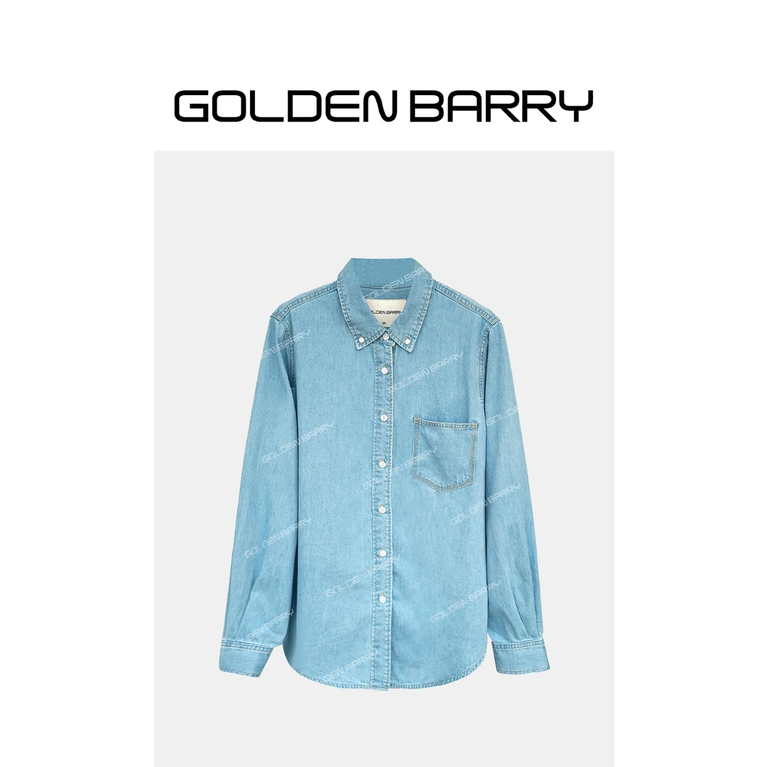 GOLDENBARRY|212547极简logo设计翻领牛仔衬衫
