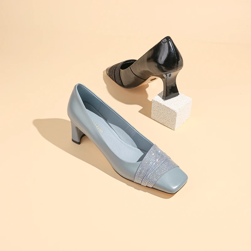 DD/羊皮/5CM法式水钻拼接高跟单鞋女方头软底百搭女鞋D20107