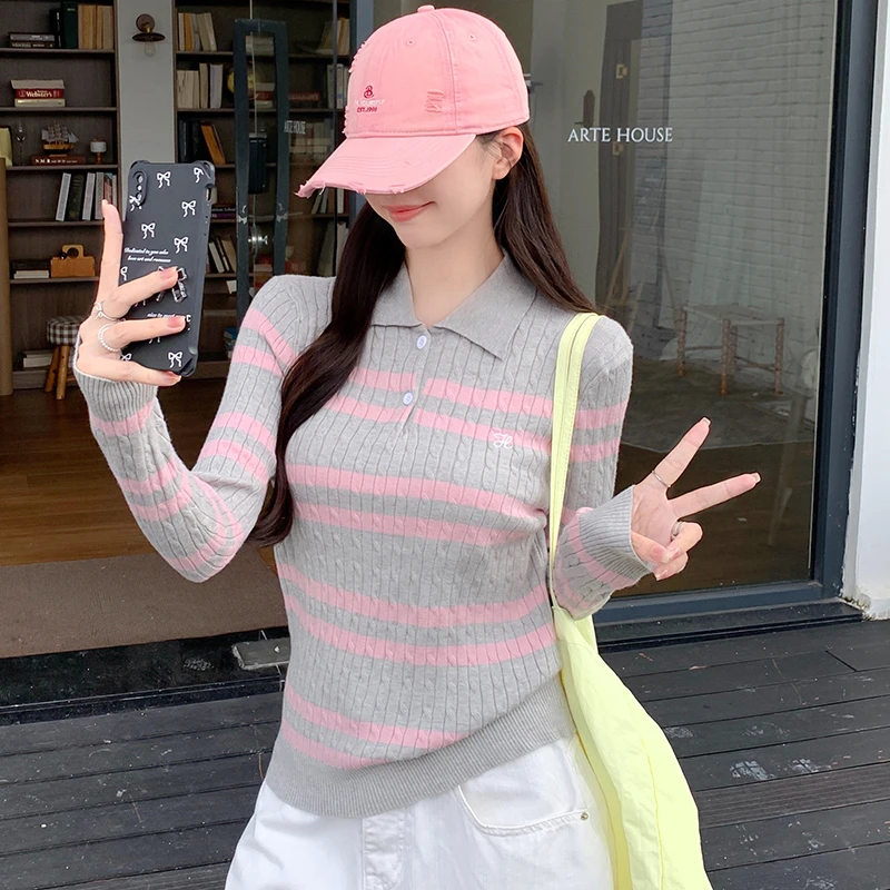 秋冬小个子条纹毛衣打底衫修身显瘦别致气质长袖polo领套头针织衫
