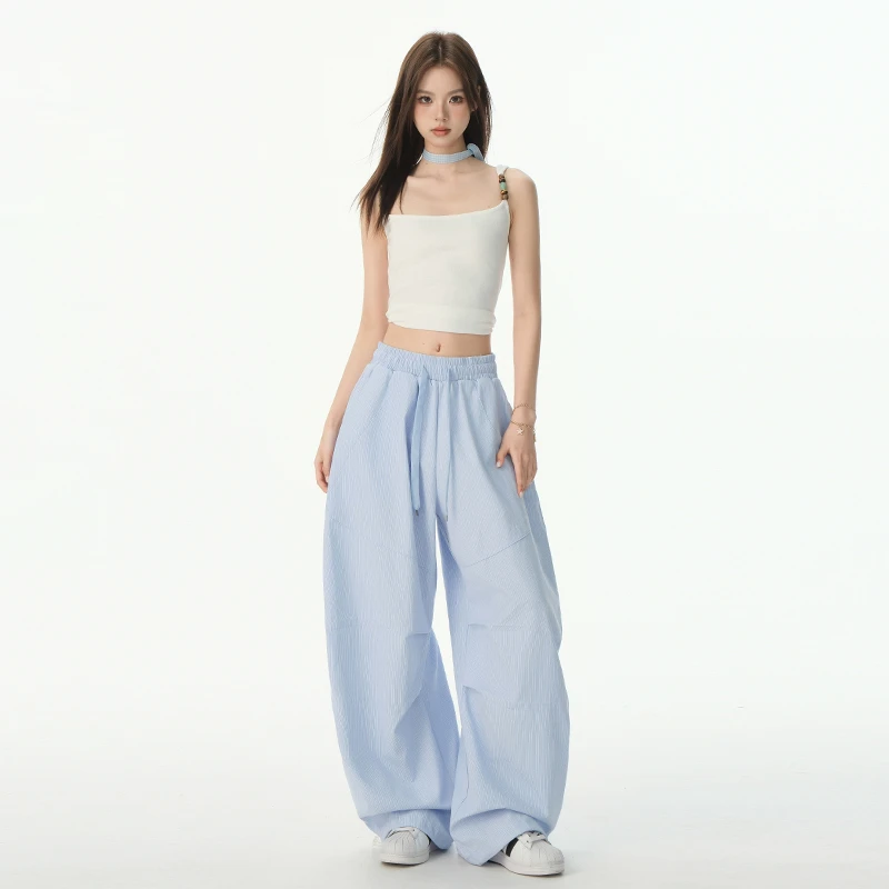 RJVO夏季新款美式休闲多巴胺爵士舞条纹宽松阔腿休闲遛弯裤女