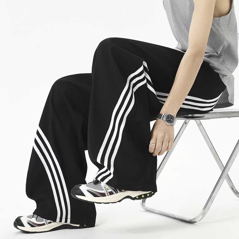 bzhh-美式复古三条杠弯刀卫裤男女宽松百搭垂感街舞阔腿休闲裤子