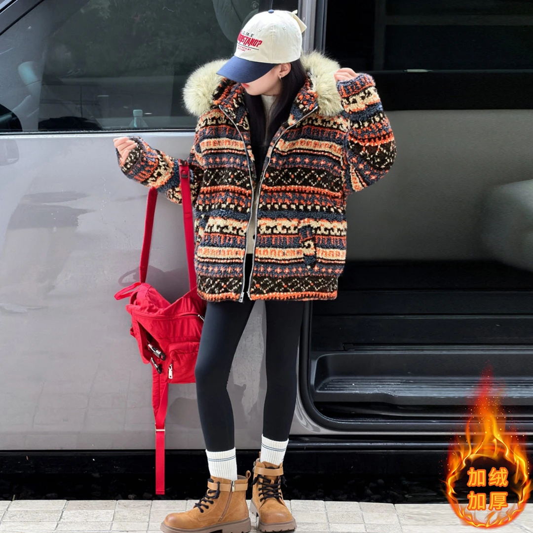 女童亲子同款25年冬季新品连帽加毛加厚毛毛衣外套保暖一件过冬