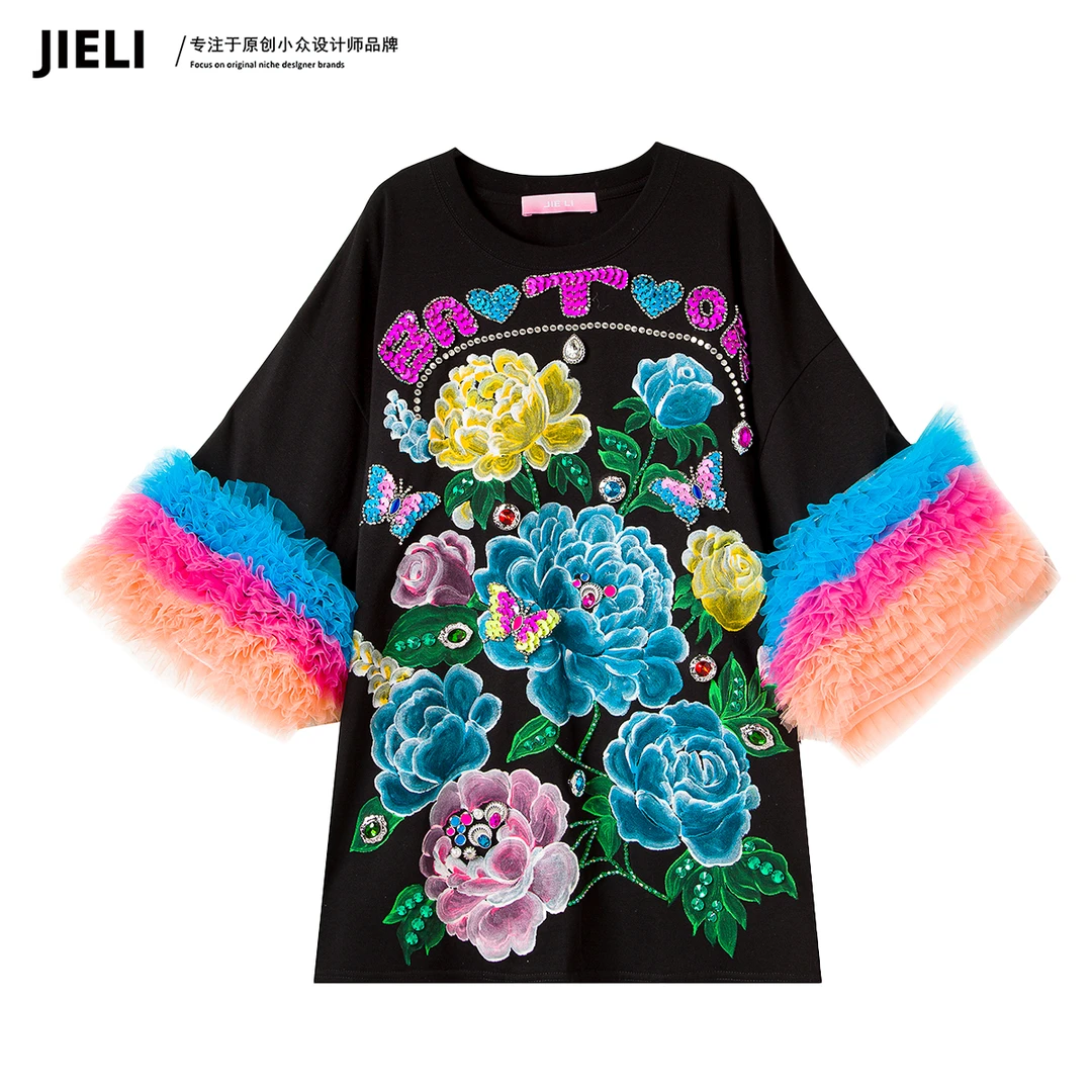 JIE LI/街力设计师高级感气质上衣夏季时尚花朵黑色短袖女S8372
