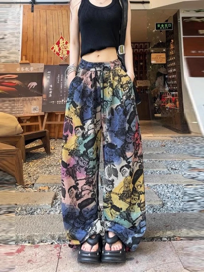 爆款春夏2025扎染渐变魔童哪吒印花休闲薄款宽松直筒阔腿裤女薄款