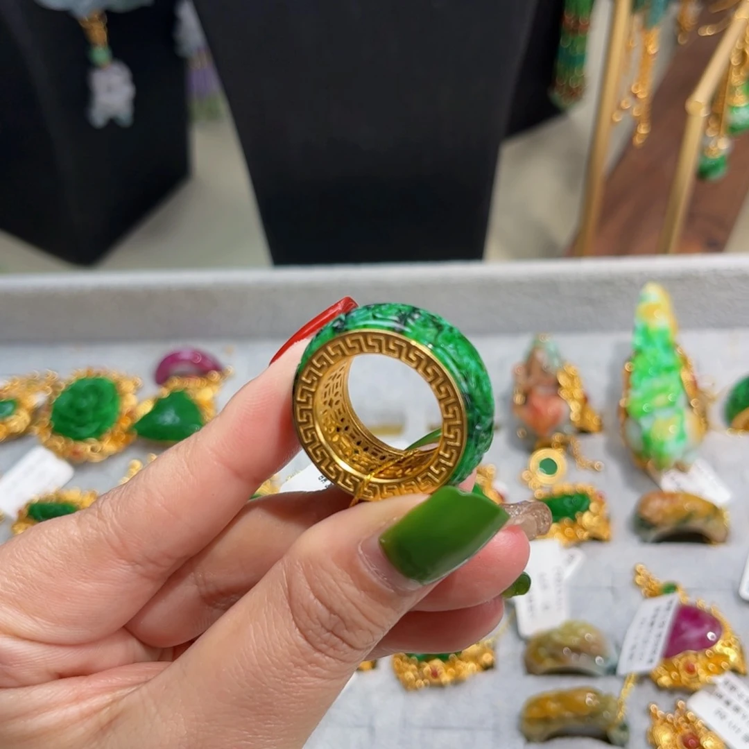 【闪购商品】翡翠戒指银S925镀金镶嵌