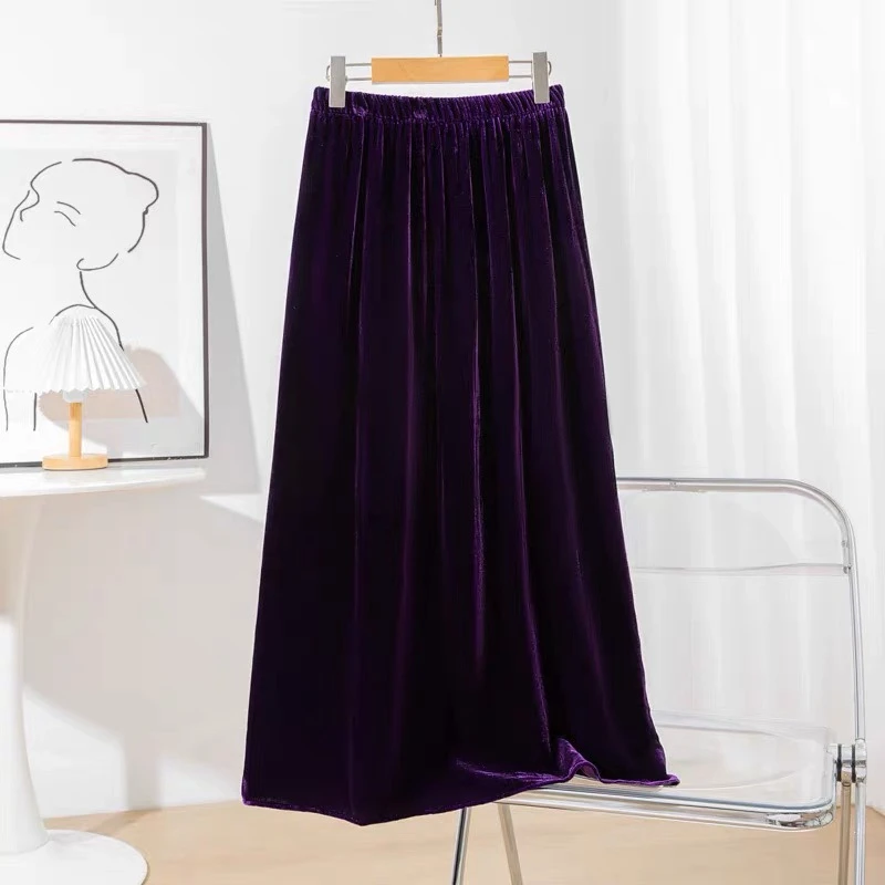 2025新款高腰显瘦气质百搭高级感时尚A字丝绒右开衩半身裙2526