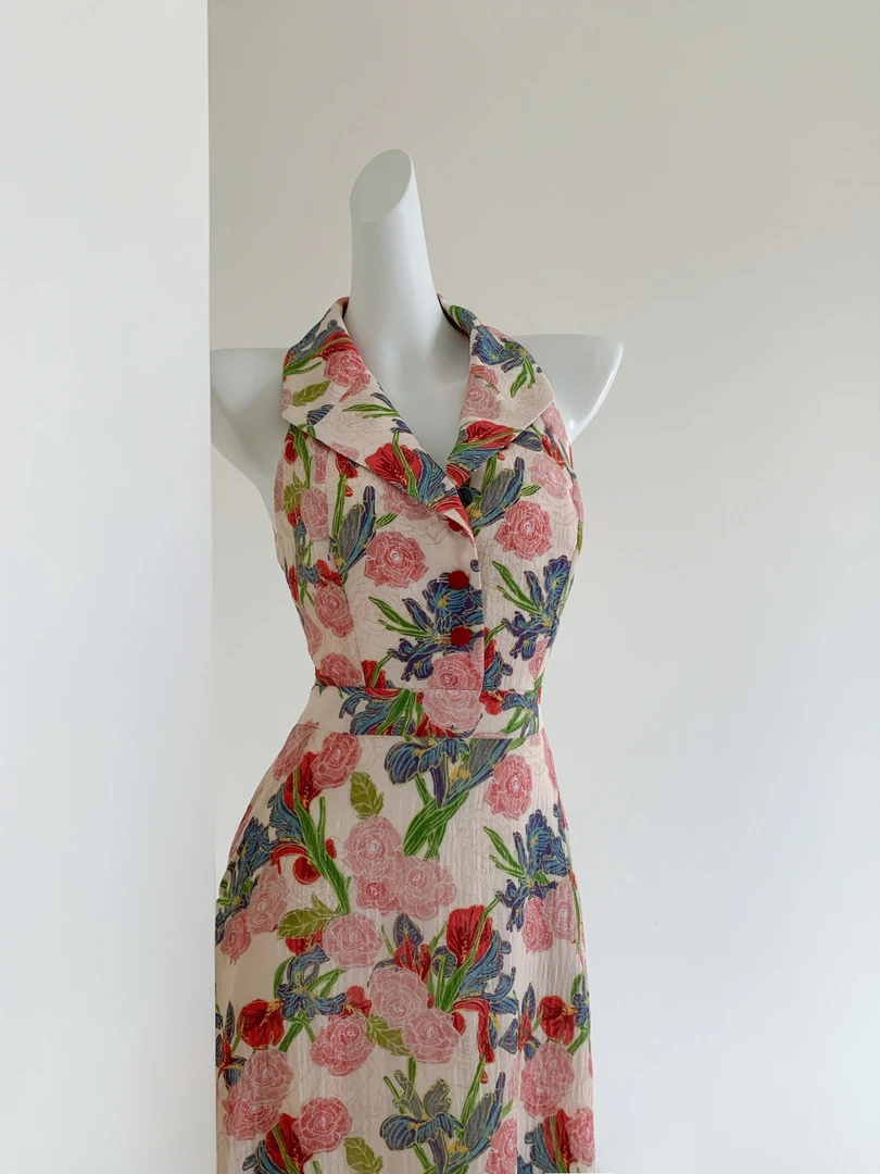 【松绿玫瑰】玫瑰法式浪漫气质印花收腰无袖露肩连衣裙显瘦度假裙