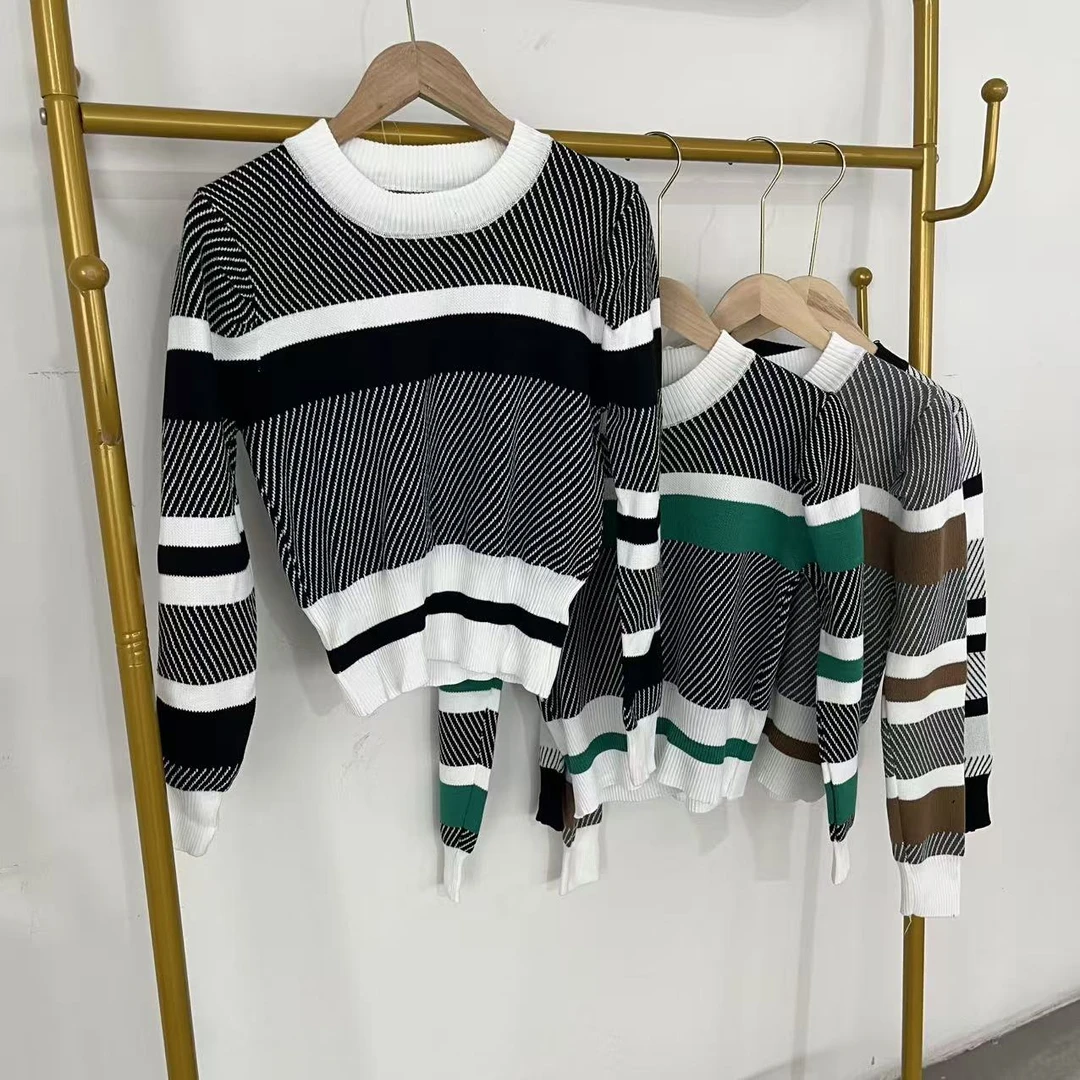 C20-16-1022款   条纹针织圆领衬衫袖毛针织衫长46