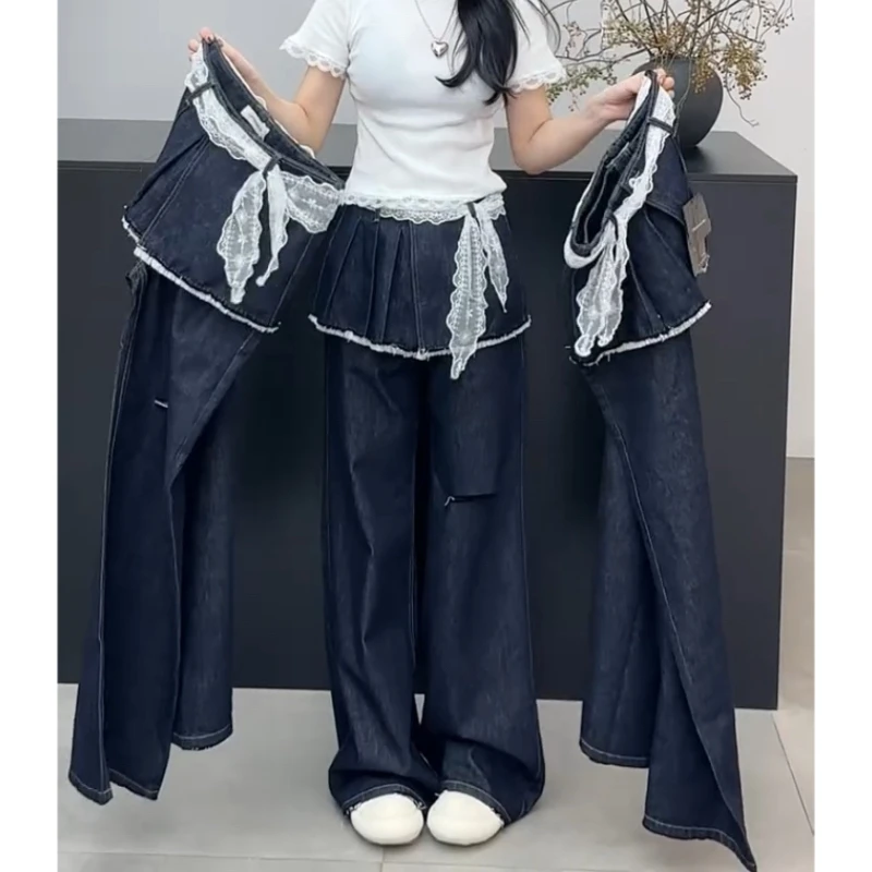 Aimeerosa/艾洛莎牛仔裤高腰显瘦阔腿裤早春新款时尚潮流破洞裤裙