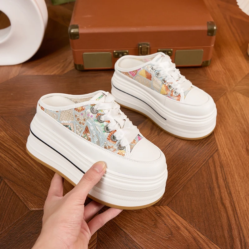 8cm内增高包头拖鞋女夏外穿时尚网面半拖网红松糕厚底懒人小白鞋