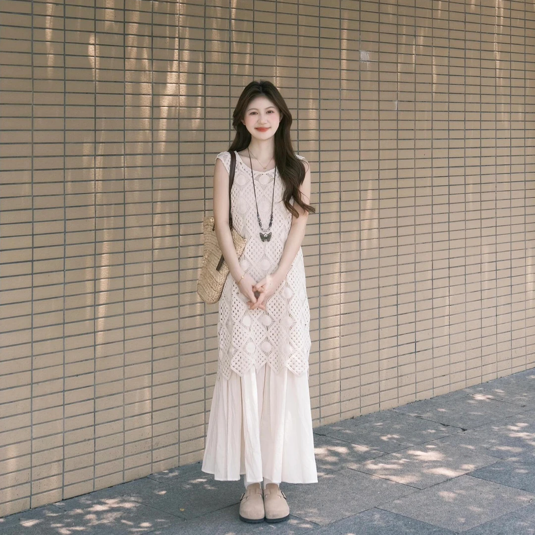 夏季新款韩系气质镂空钩花背心蕾丝上衣显瘦无袖吊带裙两件套装女