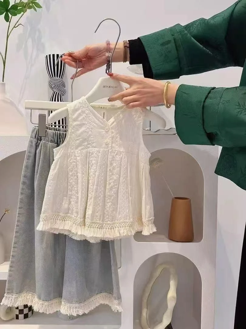 {现货}女童套装2025夏季新款儿童夏款薄款牛仔花边两件套女孩百搭