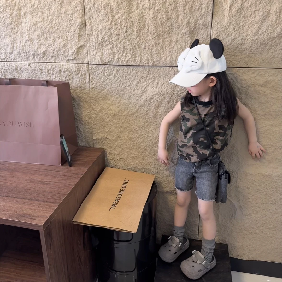 现货MZ.儿童夏季新款迷彩破边时髦复古短款休闲t1540