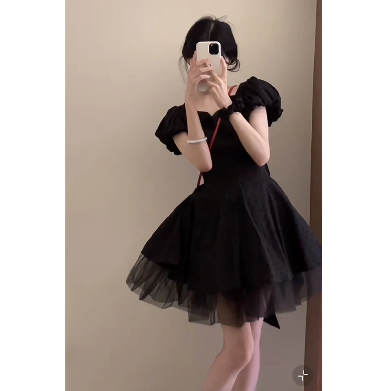 大码【巴黎之恋】波点法式气质名媛收腰显瘦蝴蝶结短袖连衣裙女