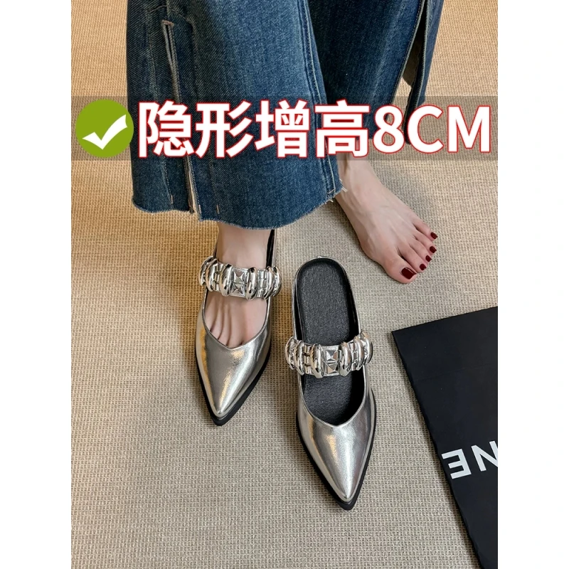 法式内增高凉鞋水钻包头半拖鞋女夏尖头玛丽珍银色单鞋粗跟高跟鞋