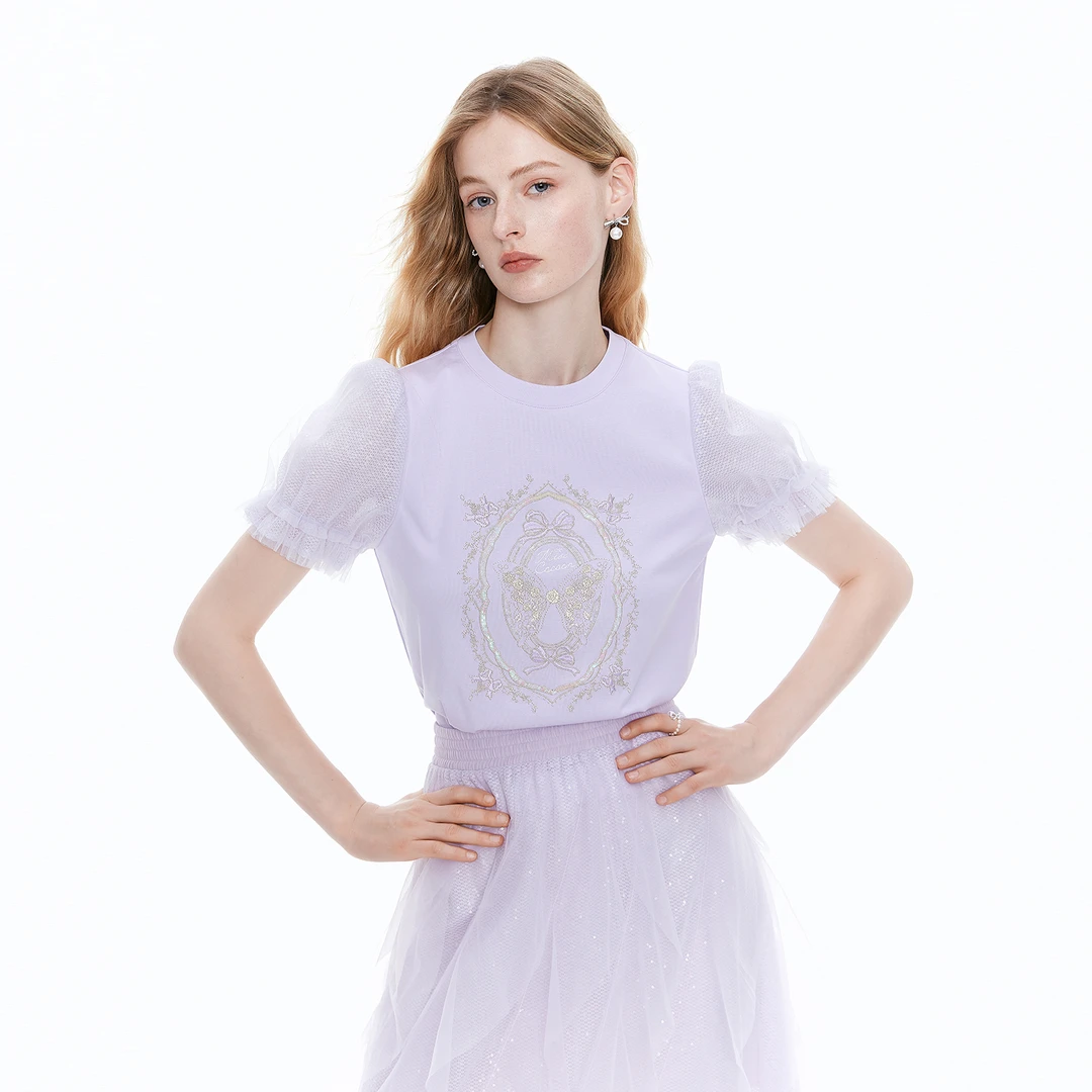 MISSCOCOON可可尼泡泡袖紫色刺绣T恤女2025夏季新款蕾丝亮片上衣