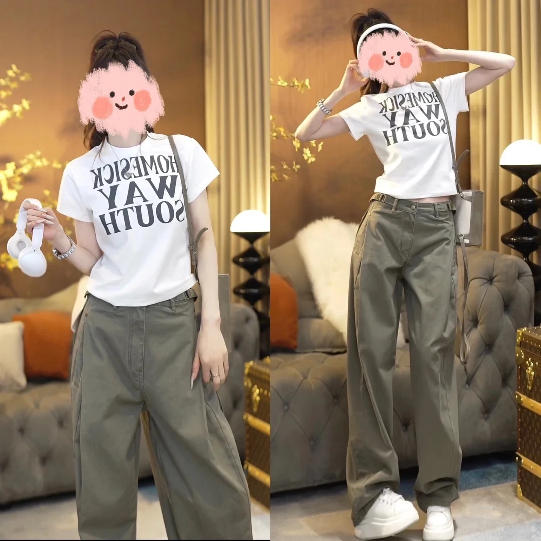 2025夏季简约印花字母圆领休闲短袖T恤上衣工装休闲裤气质套装女