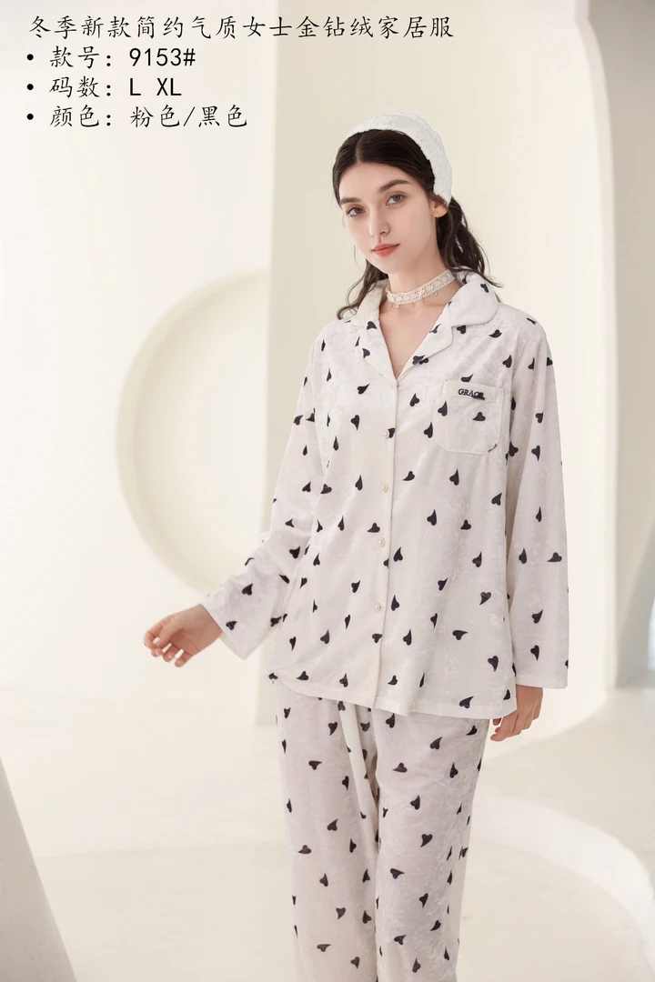 秋冬金钻绒女士常规翻领印花家居服套装舒适顺滑柔软亲肤睡衣长袖