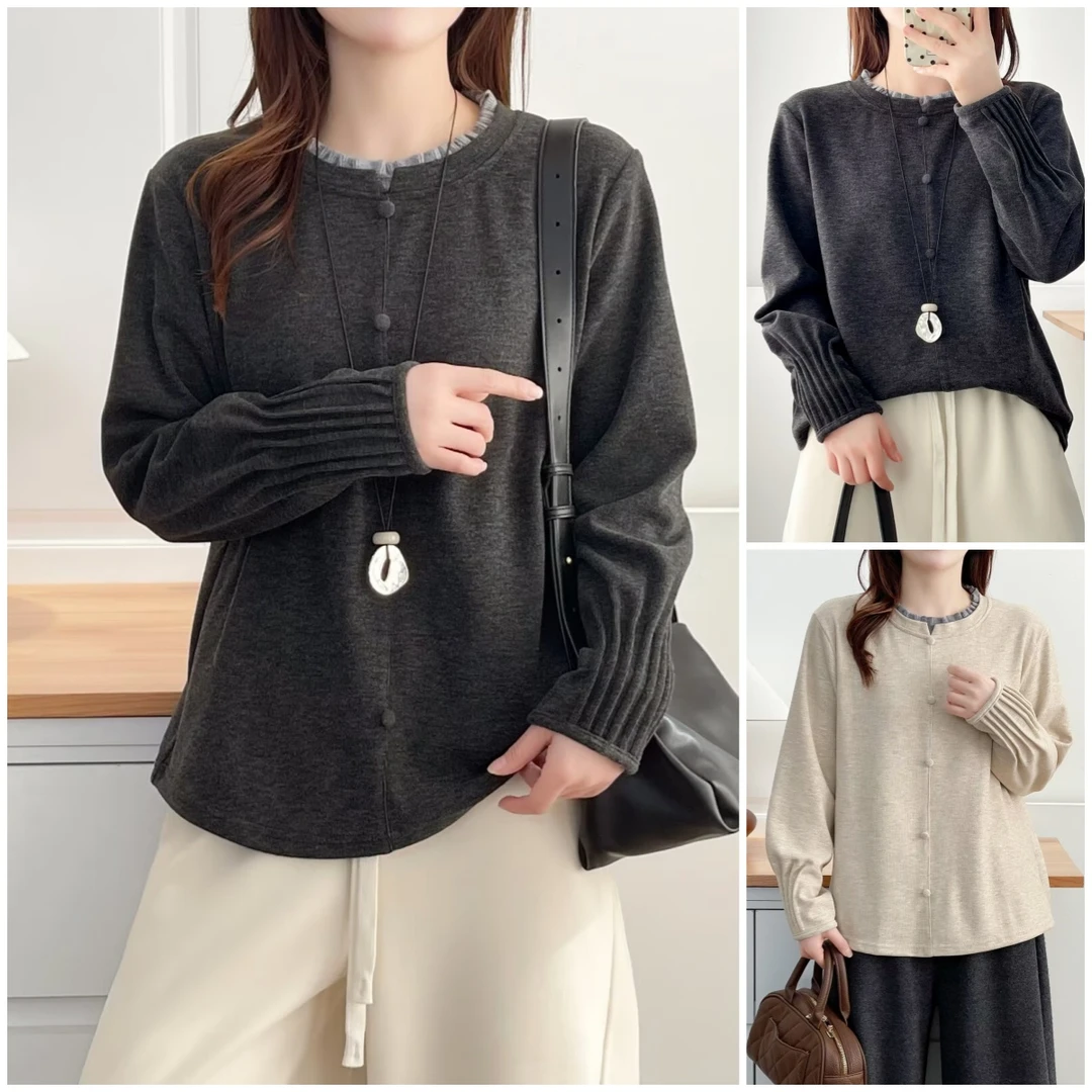 斐卉大码胖mm冬季打底衫木耳领宽松加绒加厚款保暖拼接半高领衬衣