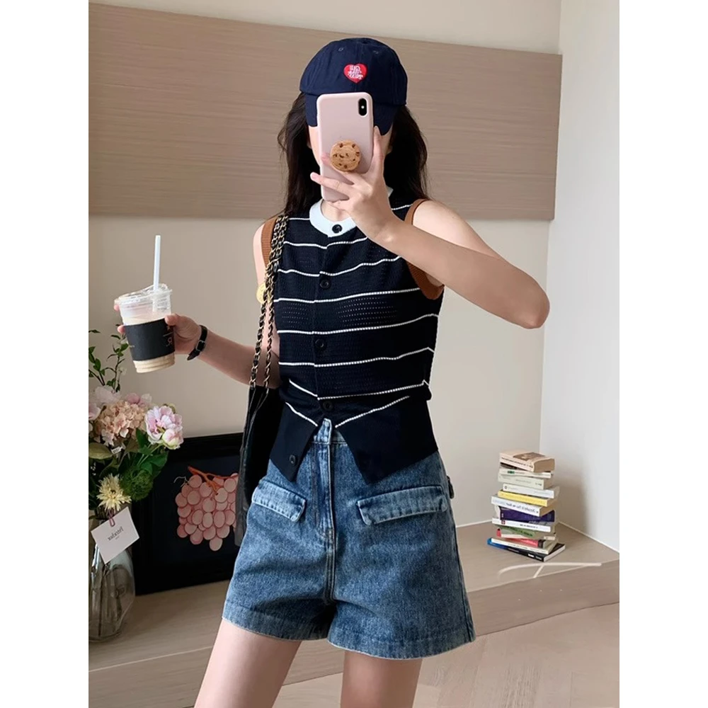 复古法式高级感撞色条纹马甲上衣女夏季时尚镂空短款小众无袖背心