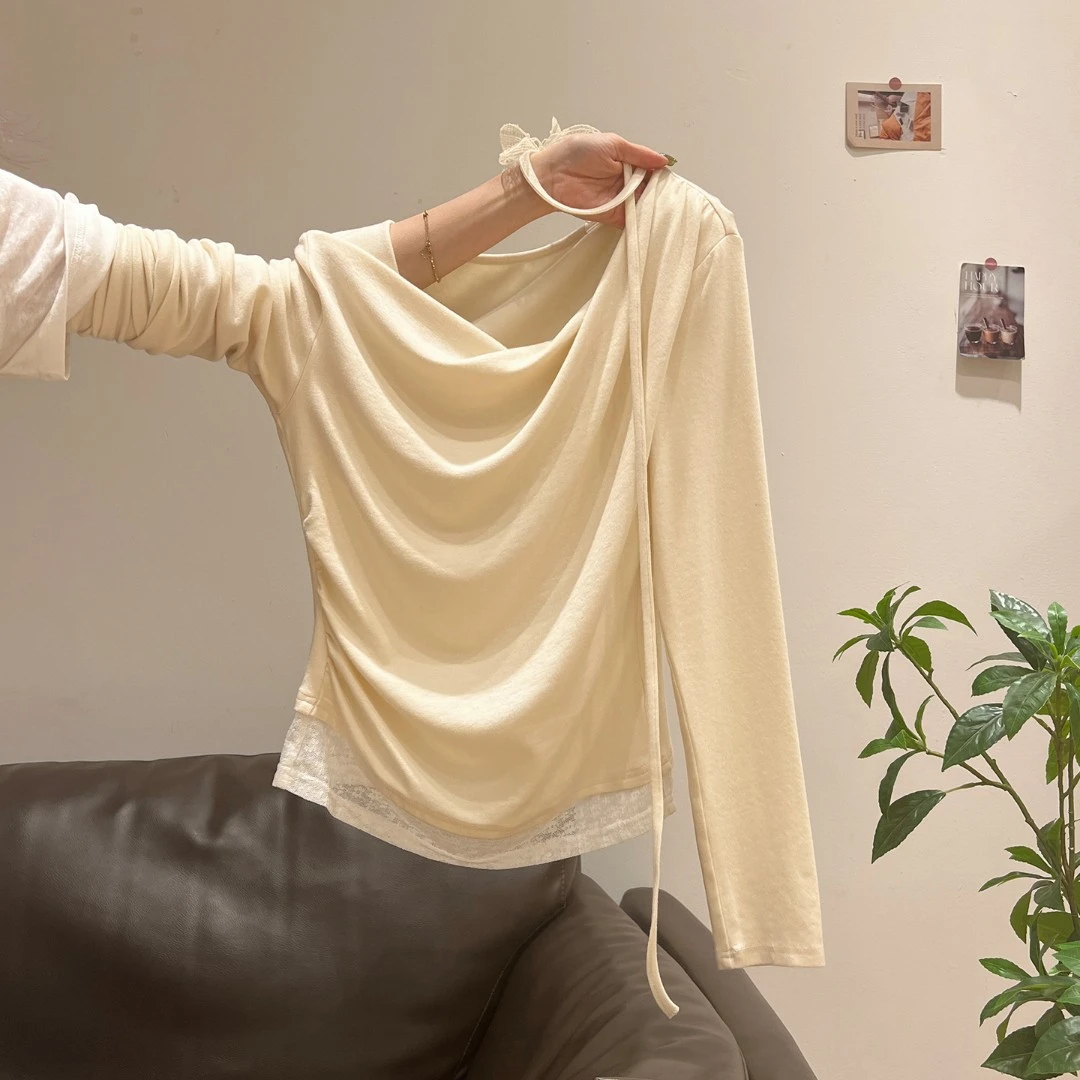 杏色假两件不规则设计感长袖t恤女秋季新款褶皱修身显瘦上衣