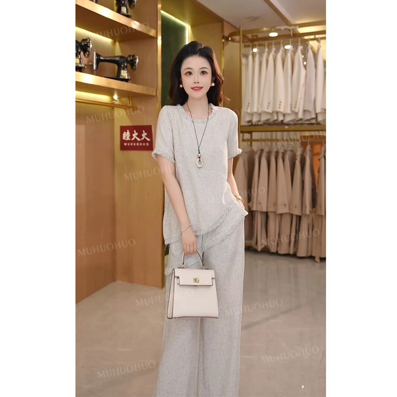 善雅/超显瘦 宽松休闲重工流苏上衣+长裤#3136夏季小香风两件套