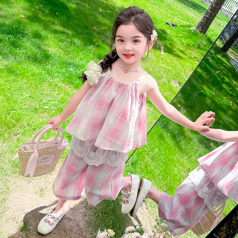 女童夏季套装2025新款洋气儿童夏装女宝宝格子吊带阔腿裤两件套潮