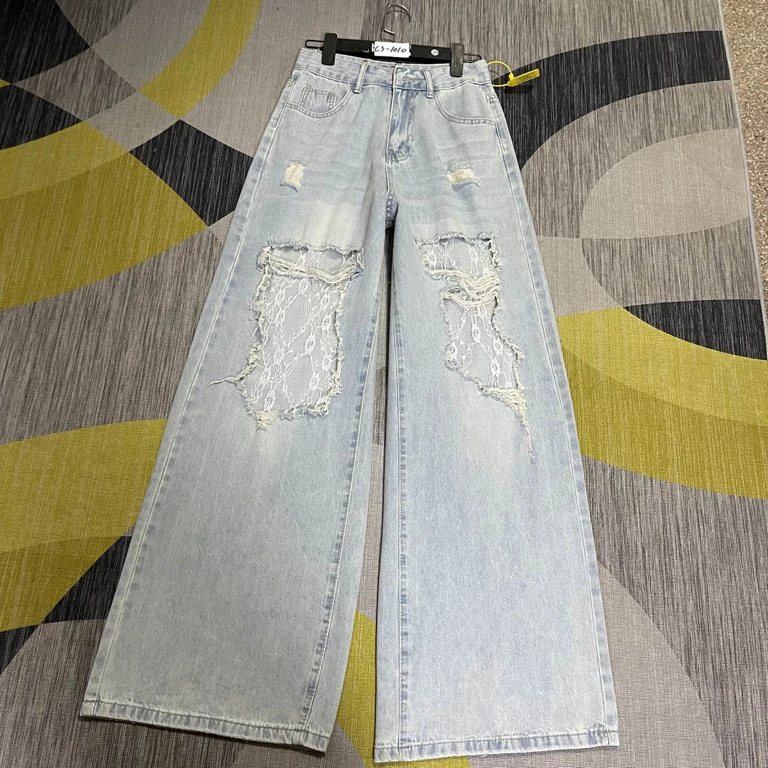C3-1010 牛仔蓝美式加长超火蕾丝拼接破洞阔腿裤 无弹（不退换）