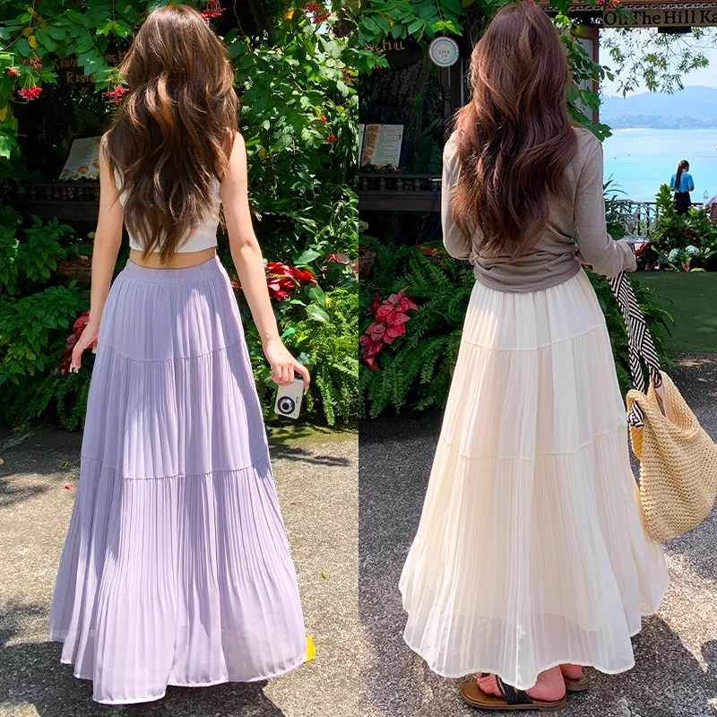 紫色半身裙女2025新款夏季高腰a字显瘦长裙小个子温柔风百褶伞裙
