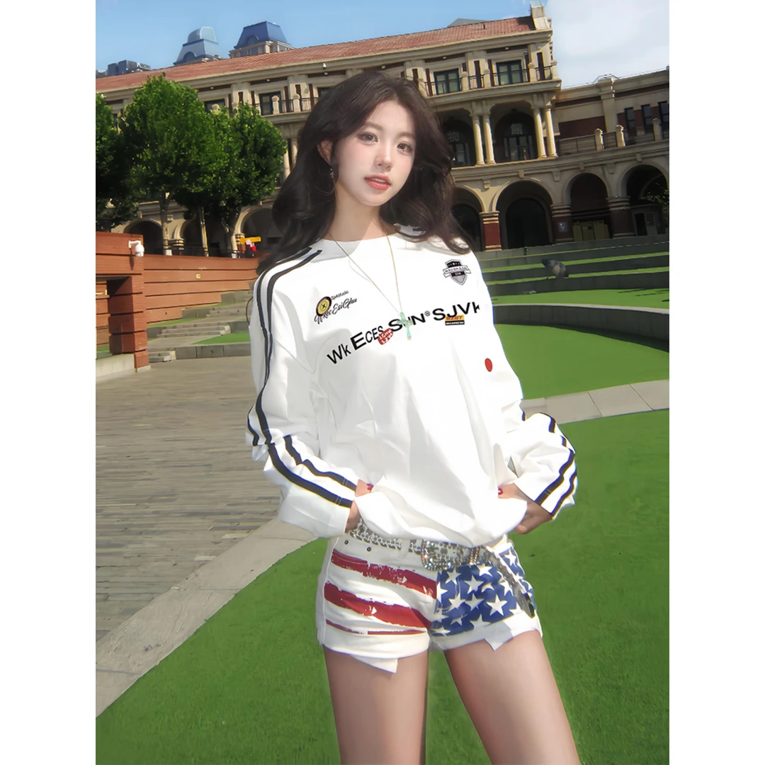 美式复古纯棉宽松插肩条纹长袖T恤女春秋季假两件拼接运动上衣