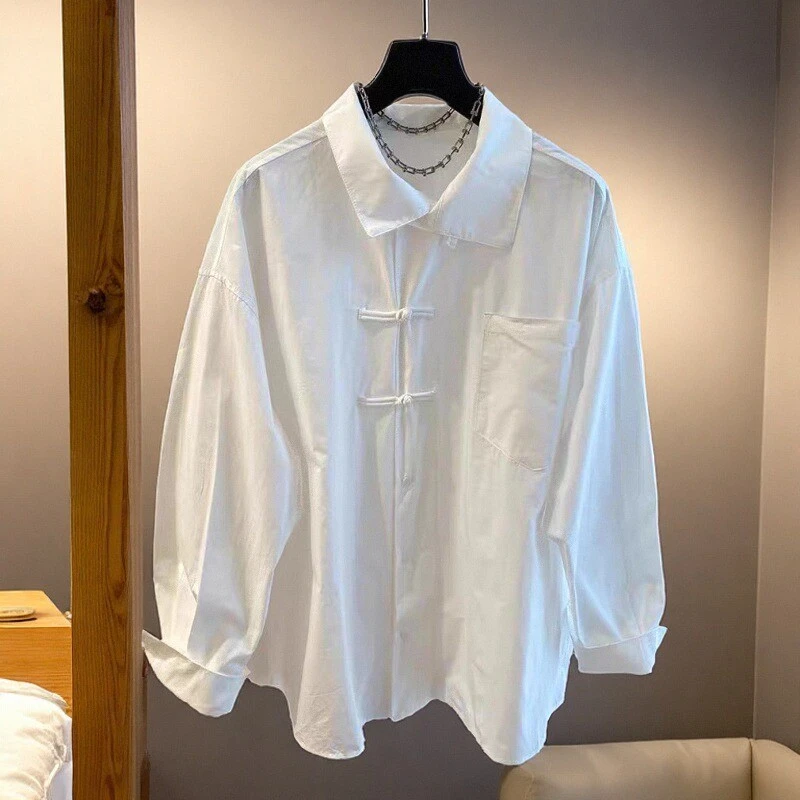 复古新中式轻国风盘扣长袖白色衬衫女设计感春秋新款宽松百搭衬衣