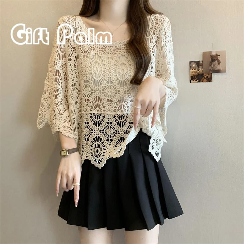 GiftPalm大码胖mm钩花针织衫女夏季新款外搭罩衫镂空百搭防晒上衣