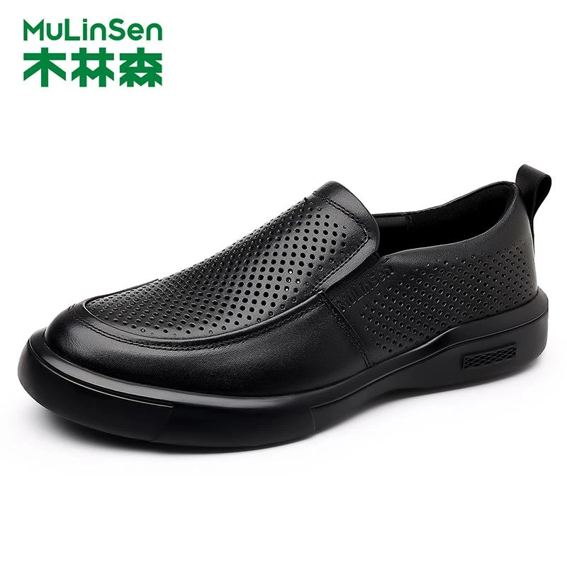 木林森镂空皮鞋平跟商务休闲鞋轻奢男款软底凉头层牛皮一脚蹬真皮
