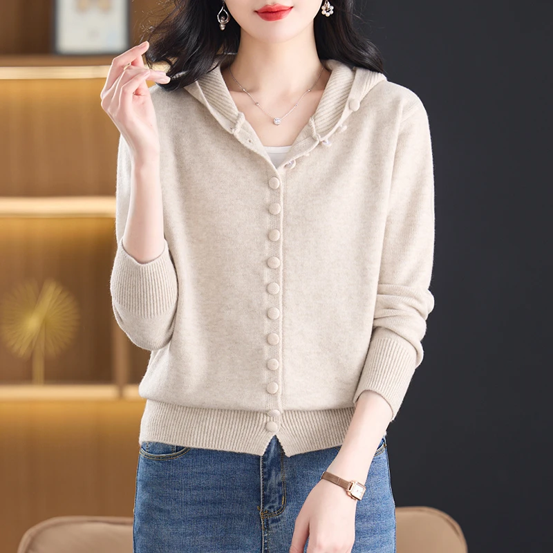 连帽针织开衫女春秋季外套2025新款卫衣外穿灰色春季上衣短款帽衫