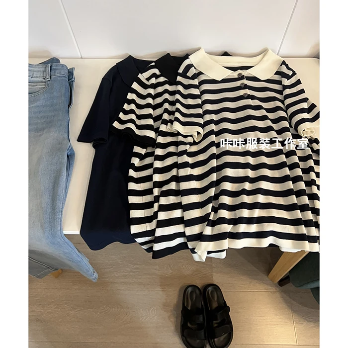 REKAYYAT“恋曲”100%莱赛尔天丝韩系百搭撞色条纹POLO领短袖针织衫