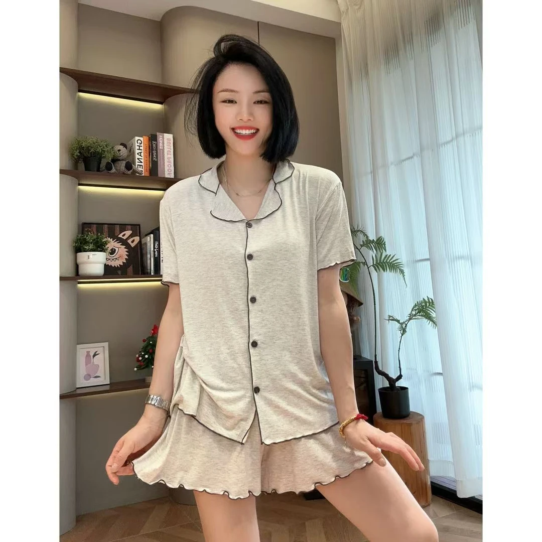 明线木耳边短裤单排扣短袖两件套睡衣套装5-6-2
