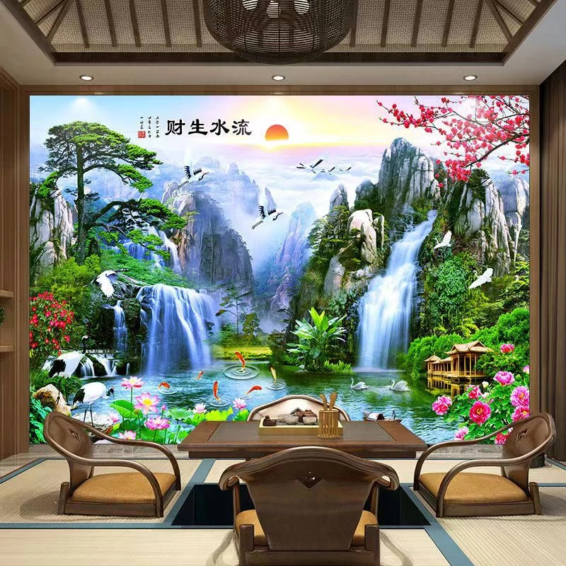 定制8d新中式山水风景画电视背景墙壁纸客厅壁布装饰墙布壁画