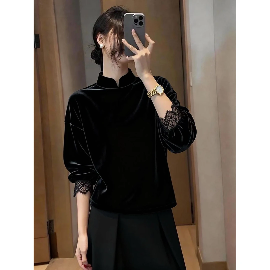 SS3671新中式女装黑色立领灯笼袖丝绒上衣设计感小众轻国风小衫