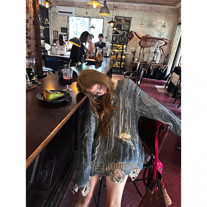 FuunJ◆帕丁顿甜心 重工做旧慵懒开衫毛衣外套女复古宽松针织上衣