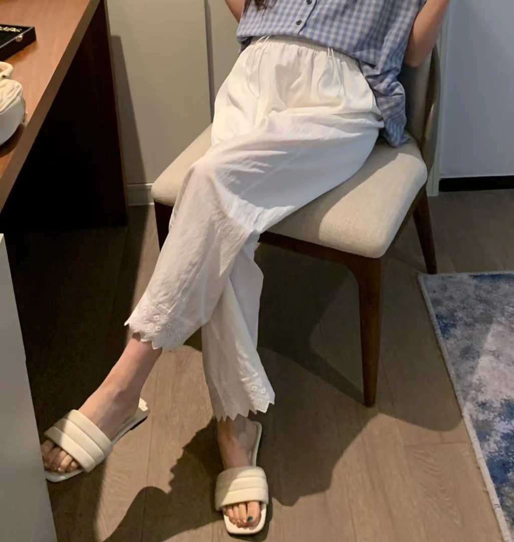 重工蕾丝拼接阔腿裤~外穿无托腹孕妇裤直筒裤白色孕妇裤子夏季