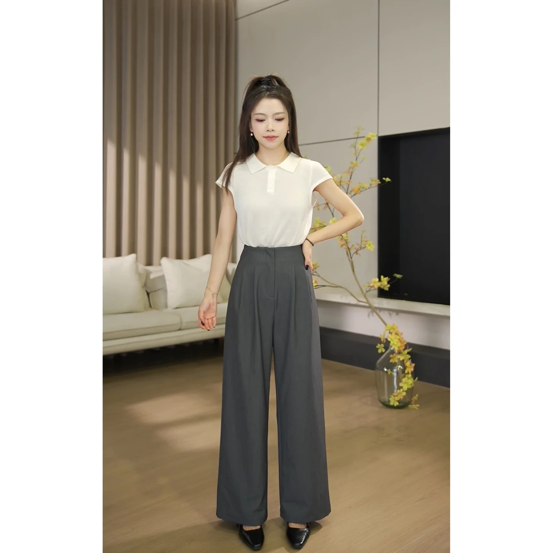 【小个子】夏季新款显瘦气质高腰黑色宽松直筒休闲裤-2306