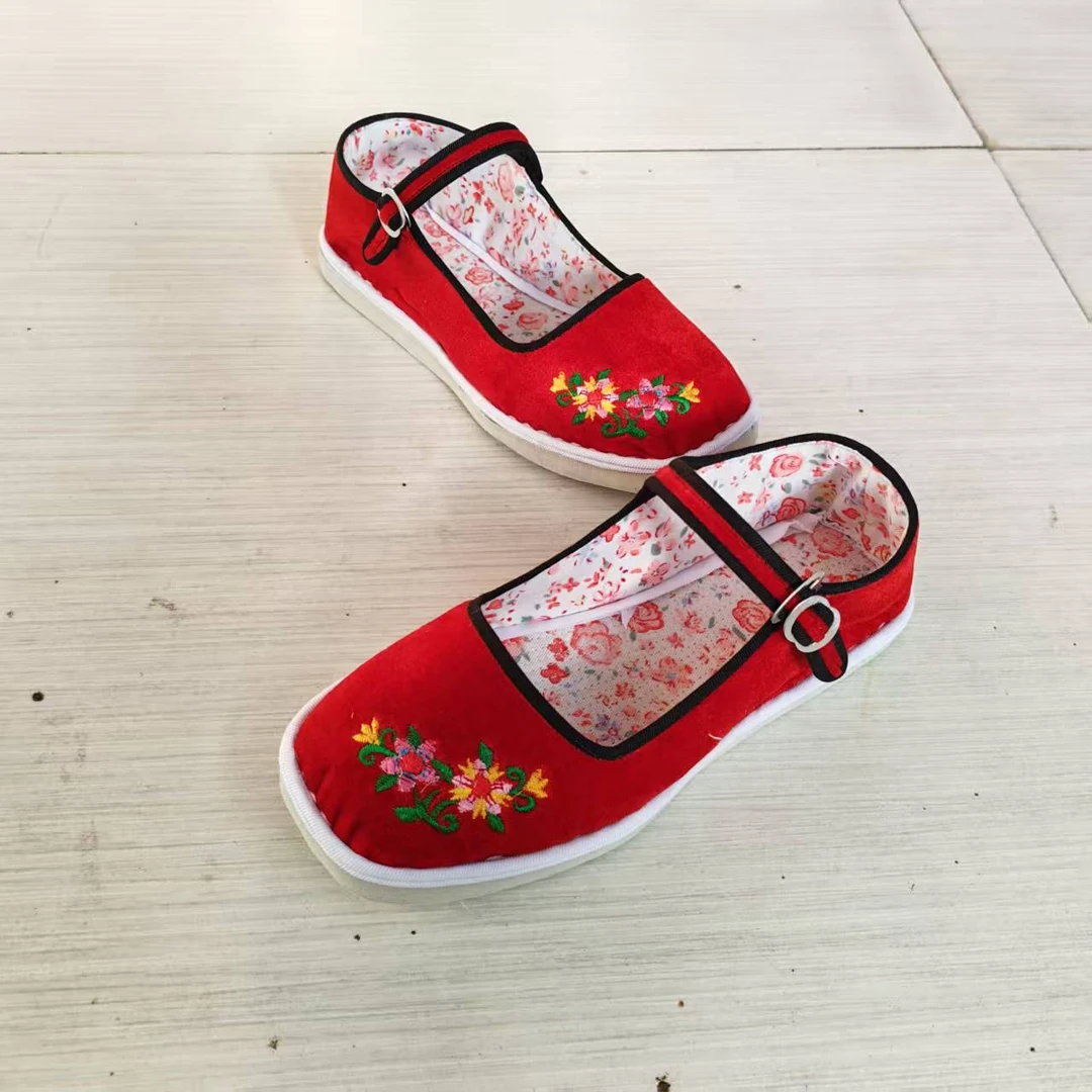 女士民族风绣花布鞋春秋泡沫软底浅口一字扣方口平底妈妈鞋不臭脚