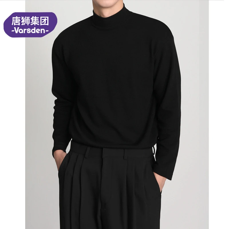 唐狮集团Varsden秋冬季黑色半高领打底衫男士绒德保暖宽松休闲t恤