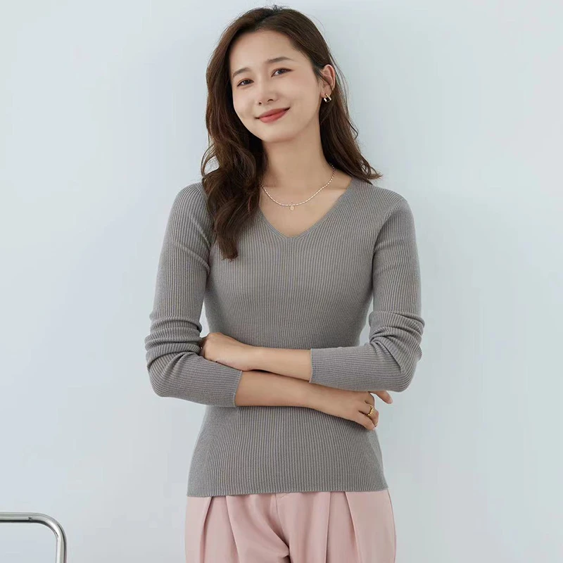 丝光羊毛春季100%绵羊毛女士春秋V领休闲纯色羊毛衫24A013