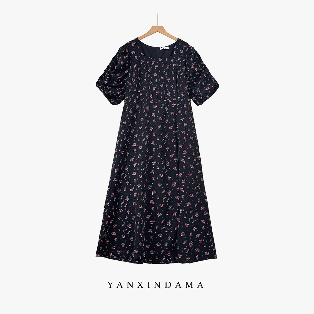 【岩心】大码女装300斤胖MM法式泡泡袖显瘦收腰中长款连衣裙10008