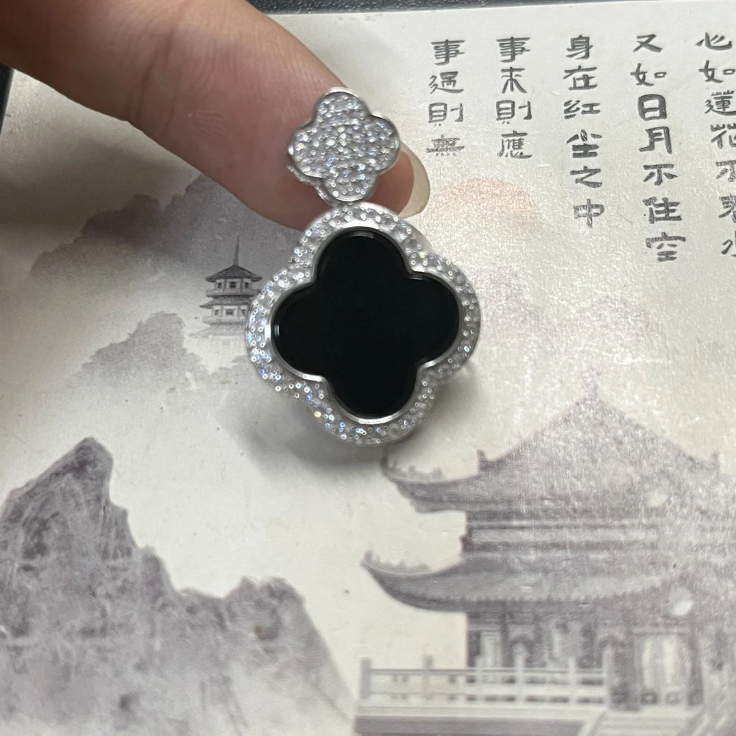 天然翡翠a货缅甸墨翠A货925银镶嵌四叶草含绳