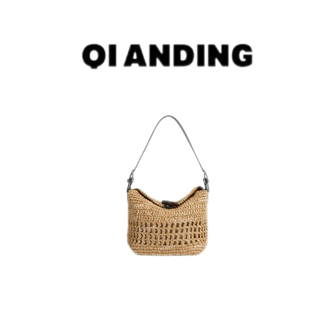 【QIANDING】2025新款手工编织包女手提包单肩斜挎包251078
