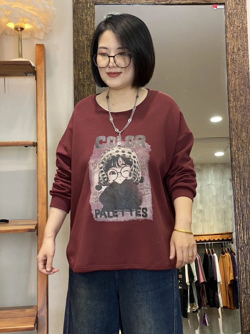 长袖卫衣-10722大码女装秋季棉质胖MM宽松圆领印花文艺休闲百搭