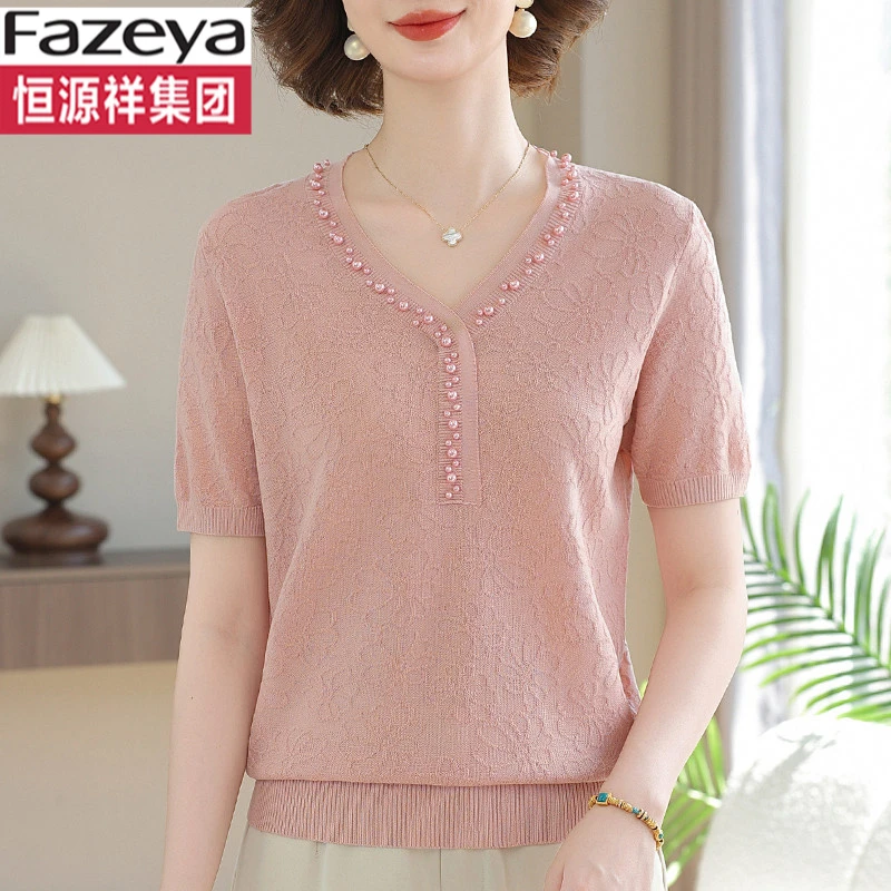 恒源祥集团彩羊2025新款妈妈夏装短袖t恤时尚针织小衫中老年女装